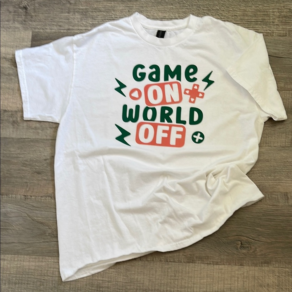 Gildan White and Green Gaming Tee Retro Arcade Style